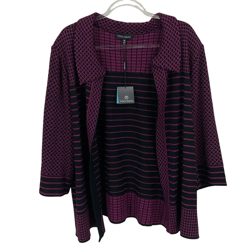 Ming Wang Cardigan Jacket Women 2X Purple Black Geometric Knit Collared NEW